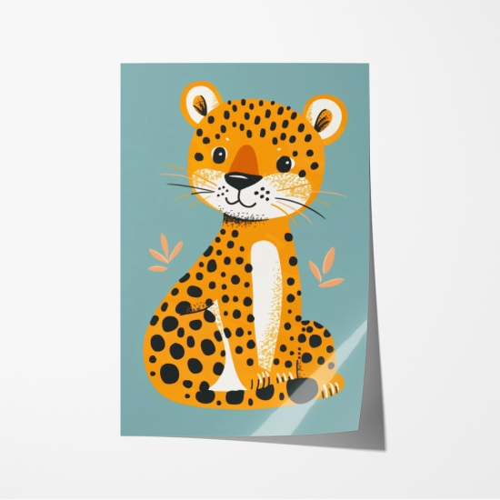 Poster de um leopardo amarelo com manchas pretas, perfeito para dar um toque selvagem ao quarto de bebé. 6